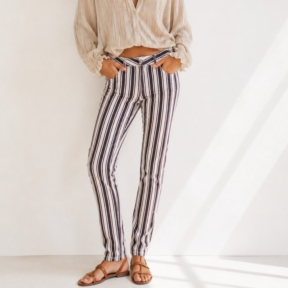 Paige Verdugo Skinny Jeans Vertical Striped Burgundy Navy White Size 28 Boho